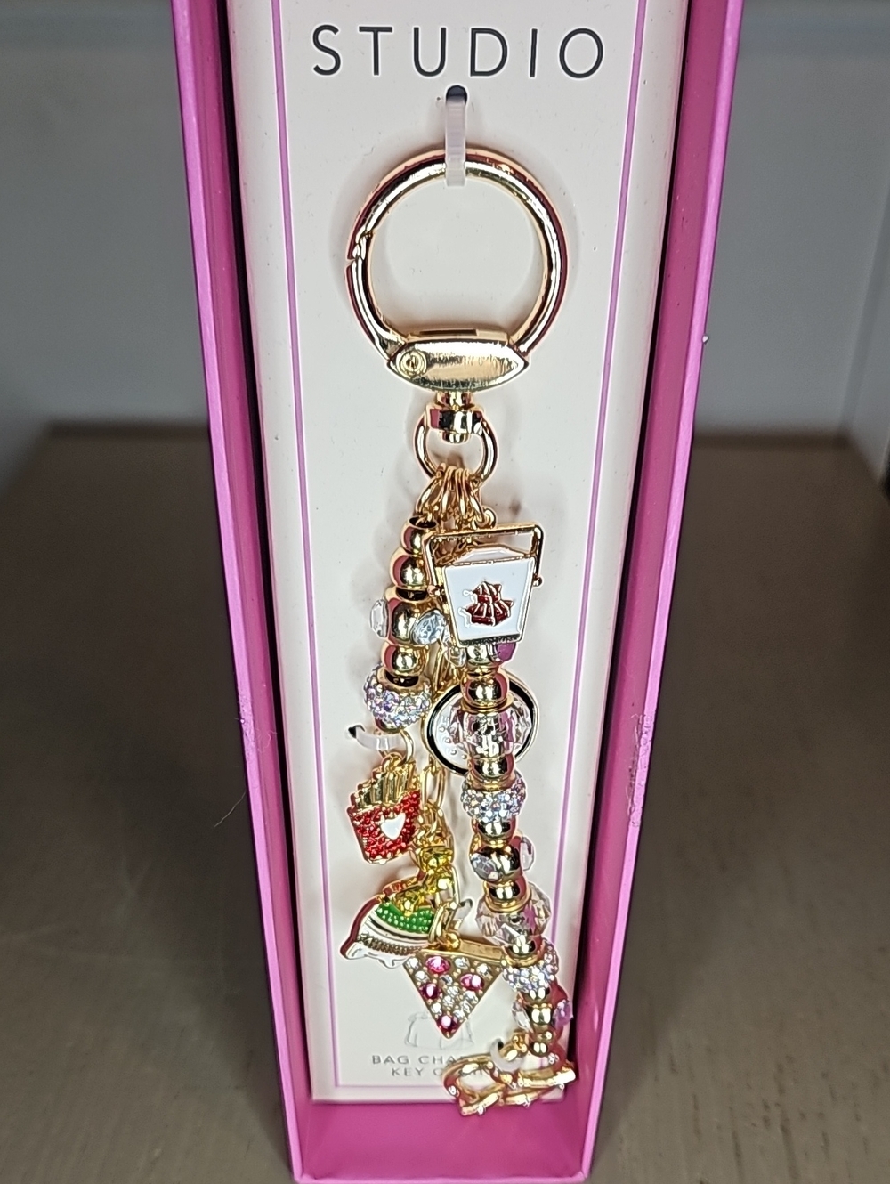 Studio Gold-Tone Pink & Multicolor Beaded Charm Keyring